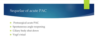 Sequelae of acute PAC
 Postsurgical acute PAC
 Spontaneous angle reopening
 Ciliary body shut down
 Vogt’s triad
 