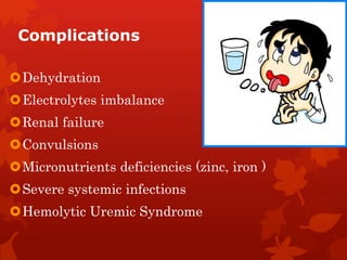 Complications
Dehydration
Electrolytes imbalance
Renal failure
Convulsions
Micronutrients deficiencies (zinc, iron )
Severe systemic infections
Hemolytic Uremic Syndrome
 