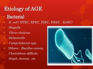 Etiology of AGE
• Bacterial
 E. coli ( ETEC, EPEC, EIEC, EHEC, EAEC)
 Shigella
 Vibrio cholerae
 Salmonella
 Campylobacter spp.
 Others : Bacillus cereus,
Clostridium difficile,
Staph. Aureus, etc
 