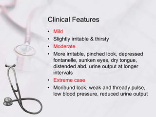Clinical Features
• Mild
• Slightly irritable & thirsty
• Moderate
• More irritable, pinched look, depressed
fontanelle, sunken eyes, dry tongue,
distended abd. urine output at longer
intervals
• Extreme case
• Moribund look, weak and thready pulse,
low blood pressure, reduced urine output
 