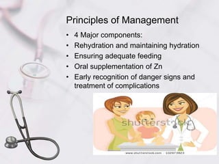 Principles of Management
• 4 Major components:
• Rehydration and maintaining hydration
• Ensuring adequate feeding
• Oral supplementation of Zn
• Early recognition of danger signs and
treatment of complications
 