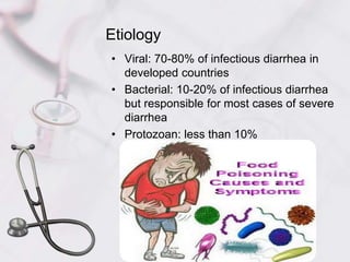 Etiology
• Viral: 70-80% of infectious diarrhea in
developed countries
• Bacterial: 10-20% of infectious diarrhea
but responsible for most cases of severe
diarrhea
• Protozoan: less than 10%
 