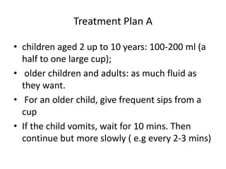 Treatment Plan A 
• children aged 2 up to 10 years: 100-200 ml (a 
half to one large cup); 
• older children and adults: as much fluid as 
they want. 
• For an older child, give frequent sips from a 
cup 
• If the child vomits, wait for 10 mins. Then 
continue but more slowly ( e.g every 2-3 mins) 
 