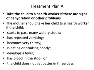 Treatment Plan A 
• Take the child to a health worker if there are signs 
of dehydration or other problems 
• The mother should take her child to a health worker 
if the child: 
• starts to pass many watery stools; 
• has repeated vomiting; 
• becomes very thirsty; 
• is eating or drinking poorly; 
• develops a fever; 
• has blood in the stool; or 
• the child does not get better in three days 
 