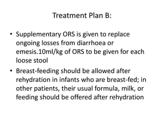 Treatment Plan B: 
• Supplementary ORS is given to replace 
ongoing losses from diarrhoea or 
emesis.10ml/kg of ORS to be given for each 
loose stool 
• Breast-feeding should be allowed after 
rehydration in infants who are breast-fed; in 
other patients, their usual formula, milk, or 
feeding should be offered after rehydration 
 