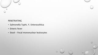 PENETRATING
• Salmonella Typhi, Y. Enterocolitica
• Enteric fever
• Stool - Fecal mononuclear leukocytes
 