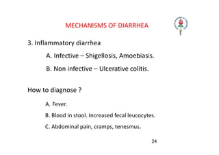 MECHANISMS OF DIARRHEA
3. Inflammatory diarrhea
A. Infective – Shigellosis, Amoebiasis.
B. Non infective – Ulcerative coli...