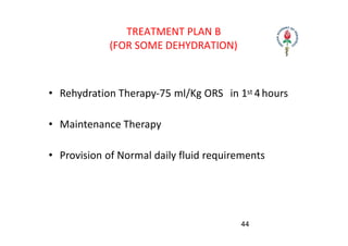 TREATMENT PLAN B
(FOR SOME DEHYDRATION)
• Rehydration Therapy‐75 ml/Kg ORS in 1st 4 hours
• Maintenance Therapy
• Provisio...