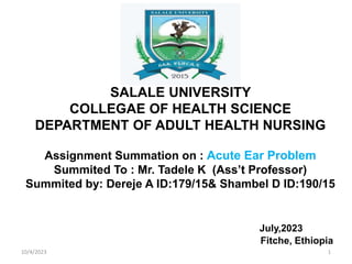 SALALE UNIVERSITY
COLLEGAE OF HEALTH SCIENCE
DEPARTMENT OF ADULT HEALTH NURSING
Assignment Summation on : Acute Ear Problem
Summited To : Mr. Tadele K (Ass’t Professor)
Summited by: Dereje A ID:179/15& Shambel D ID:190/15
July,2023
Fitche, Ethiopia
10/4/2023 1
 