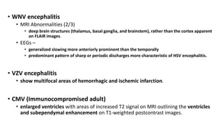 • WNV encephalitis
• MRI Abnormalities (2/3)
• deep brain structures (thalamus, basal ganglia, and brainstem), rather than the cortex apparent
on FLAIR images.
• EEGs –
• generalized slowing more anteriorly prominent than the temporally
• predominant pattern of sharp or periodic discharges more characteristic of HSV encephalitis.
• VZV encephalitis
• show multifocal areas of hemorrhagic and ischemic infarction.
• CMV (Immunocompromised adult)
• enlarged ventricles with areas of increased T2 signal on MRI outlining the ventricles
and subependymal enhancement on T1-weighted postcontrast images.
 