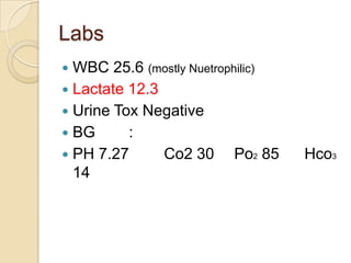 Labs
 WBC 25.6 (mostly Nuetrophilic)
 Lactate 12.3
 Urine Tox Negative
 BG      :
 PH 7.27      Co2 30 Po2 85       Hco3
  14
 