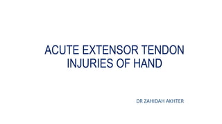 ACUTE EXTENSOR TENDON
INJURIES OF HAND
DR ZAHIDAH AKHTER
 