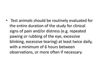 • Test animals should be routinely evaluated for
the entire duration of the study for clinical
signs of pain and/or distress (e.g. repeated
pawing or rubbing of the eye, excessive
blinking, excessive tearing) at least twice daily,
with a minimum of 6 hours between
observations, or more often if necessary.
 