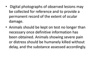 • Digital photographs of observed lesions may
be collected for reference and to provide a
permanent record of the extent of ocular
damage.
• Animals should be kept on test no longer than
necessary once definitive information has
been obtained. Animals showing severe pain
or distress should be humanely killed without
delay, and the substance assessed accordingly.
 