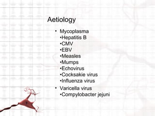 Aetiology
  • Mycoplasma
    •Hepatitis B
    •CMV
    •EBV
    •Measles
    •Mumps
    •Echovirus
    •Cocksakie virus
    •Influenza virus
  • Varicella virus
    •Compylobacter jejuni
 