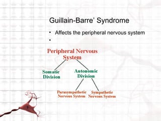 Guillain-Barre’ Syndrome
• Affects the peripheral nervous system
•
 