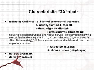 Characteristic “3A”triad:

•   ascending weakness : a- bilateral symmetrical weakness
                              b- usually start in LL, then UL
                              c-then, might be affected :
                                        i- cranial nerves (Brain stem) :
    including glosssopharyngeal and vagus nerves ( difficulty of swallowing
    even of fluid and water) and III, IV, VI cranial nerves ( eye muscles in
    Miller Fisher variety), VII Facial nerve ( unilateral or bilateral), and then
    respiratory muscles
                                        ii- respiratory muscles
                                        iii- phrenic nerves ( diaphragm )
•   areflexia ( Hallmark)
•   atonia ( hypotonia)
 