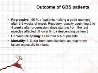 Outcome of GBS patients

• Regressive : 90 % of patients making a good recovery,
  after 2-3 weeks of onset, Recovery, usually beginning 2 to
  4 weeks after progression stops starting from the last
  muscles affected till lower limb ( descending pattern )
• Chronic Relapsing: Less than 5% of patients
• Mortality: 3-% die from complications as respiratory
  failure especially in infants
 