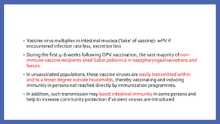 • Vaccine virus multiplies in intestinal mucosa (‘take’ of vaccine)- wPV if
encountered infection rate less, excretion less
• During the first 4–6 weeks following OPV vaccination, the vast majority of non-
immune vaccine recipients shed Sabin poliovirus in nasopharyngeal secretions and
faeces.
• In unvaccinated populations, these vaccine viruses are easily transmitted within
and to a lesser degree outside households, thereby vaccinating and inducing
immunity in persons not reached directly by immunization programmes.
• In addition, such transmission may boost intestinal immunity in some persons and
help to increase community protection if virulent viruses are introduced.
 