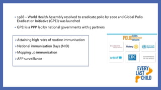 • 1988 – World Health Assembly resolved to eradicate polio by 2000 and Global Polio
Eradication Initiative (GPEI) was launched
• GPEI is a PPP led by national governments with 5 partners
⮚Attaining high rates of routine immunisation
⮚National immunisation Days (NID)
⮚Mopping up immunisation
⮚AFP surveillance
 