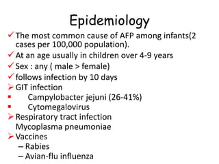 Epidemiology
The most common cause of AFP among infants(2
cases per 100,000 population).
At an age usually in children over 4-9 years
Sex : any ( male > female)
follows infection by 10 days
GIT infection
 Campylobacter jejuni (26-41%)
 Cytomegalovirus
Respiratory tract infection
Mycoplasma pneumoniae
Vaccines
– Rabies
– Avian-flu influenza
 