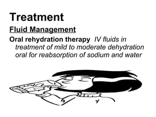 Treatment
Fluid Management
Oral rehydration therapy IV fluids in
treatment of mild to moderate dehydration
oral for reabsorption of sodium and water
 