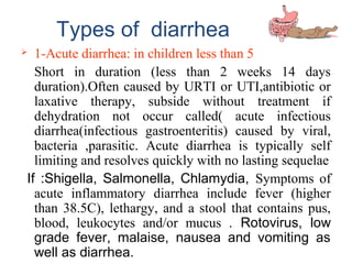 Types of diarrhea
 1-Acute diarrhea: in children less than 5
Short in duration (less than 2 weeks 14 days
duration).Often caused by URTI or UTI,antibiotic or
laxative therapy, subside without treatment if
dehydration not occur called( acute infectious
diarrhea(infectious gastroenteritis) caused by viral,
bacteria ,parasitic. Acute diarrhea is typically self
limiting and resolves quickly with no lasting sequelae
If :Shigella, Salmonella, Chlamydia, Symptoms of
acute inflammatory diarrhea include fever (higher
than 38.5C), lethargy, and a stool that contains pus,
blood, leukocytes and/or mucus . Rotovirus, low
grade fever, malaise, nausea and vomiting as
well as diarrhea.
 
