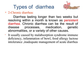 Types of diarrhea
 2-Chronic diarrhea:
Diarrhea lasting longer than two weeks but
resolving within a month is known as persistent
diarrhea. Chronic diarrhea can be the result of
disease processes, medication, genetic
abnormalities, or a variety of other causes.
• It usually caused by malabsorption syndrome immune
deficiency, infammation of bowl, food allergy lactose
intolerance ,inadequate management of acute diarrhea
 