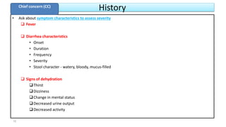 History
• Ask about symptom characteristics to assess severity
 Fever
 Diarrhea characteristics
• Onset
• Duration
• Frequency
• Severity
• Stool character - watery, bloody, mucus-filled
 Signs of dehydration
Thirst
Dizziness
Change in mental status
Decreased urine output
Decreased activity
Chief concern (CC)
12
 