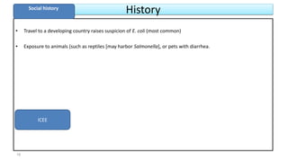 History
• Travel to a developing country raises suspicion of E. coli (most common)
• Exposure to animals (such as reptiles [may harbor Salmonella], or pets with diarrhea.
Social history
ICEE
16
 