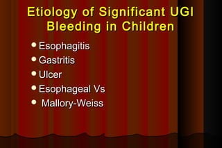 Etiology of Significant UGI
   Bleeding in Children
Esophagitis   
Gastritis   
Ulcer   
Esophageal Vs
 Mallory-Weiss
 