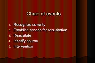 Chain of events

1.   Recognize severity
2.   Establish access for resusitation
3.   Resusitate
4.   Identify source
5.   Intervention
 