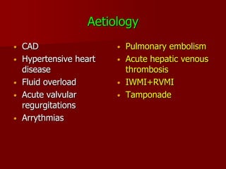 Aetiology
•   CAD                  • Pulmonary embolism
•   Hypertensive heart   • Acute hepatic venous
    disease                thrombosis
•   Fluid overload       • IWMI+RVMI
•   Acute valvular       • Tamponade
    regurgitations
•   Arrythmias
 