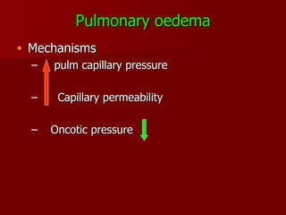 Pulmonary oedema Mechanisms pulm capillary pressure Capillary permeability Oncotic pressure 