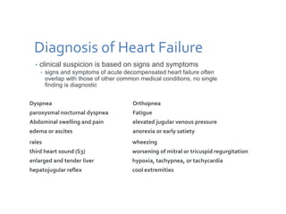 Diagnosis of Heart Failure
• clinical suspicion is based on signs and symptoms
• signs and symptoms of acute decompensated heart failure often
overlap with those of other common medical conditions, no single
finding is diagnostic
Dyspnea Orthopnea
paroxysmal nocturnal dyspnea Fatigue
Abdominal swelling and pain elevated jugular venous pressure
edema or ascites anorexia or early satiety
rales wheezing
third heart sound (S3) worsening of mitral or tricuspid regurgitation
enlarged and tender liver hypoxia, tachypnea, or tachycardia
hepatojugular reflex cool extremities
 