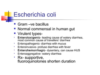 Escherichia coli
 Gram –ve bacillus
 Normal commensal in human gut
 Virulent types-
 Enterotoxigenic- leading cause of watery diarrhea,
most common cause of travellers’ diarrhea
 Enteropathogenic- diarrhea with mucus
 Enteroinvasive- profuse diarrhea with fever
 Enterohemorrhagic- dysentery, can cause HUS
 Enteroaggregative- watery diarrhea
 Rx- supportive,
fluoroquinolones shorten duration
 
