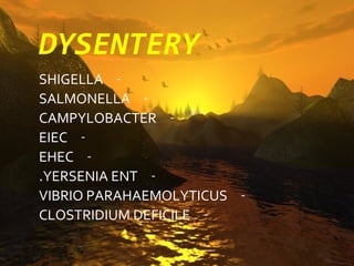 DYSENTERY
SHIGELLA -
SALMONELLA -
CAMPYLOBACTER -
EIEC -
EHEC -
.YERSENIA ENT -
VIBRIO PARAHAEMOLYTICUS -
CLOSTRIDIUM DEFICILE -
 