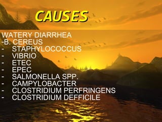 CAUSES
    CAUSES OF ACUTE INFECTIOUS
    DIARRHEA
WATERY DIARRHEA         WATERY DIARRHEA
-B. CEREUS                    B. CEREUS -
- STAPHYLOCOCCUS STAPHYLOCOCCUS         -
- VIBRIO                       VIBRIO   -
- ETEC                           ETEC   -
- EPEC                                  -
- SALMONELLA SPP.                EPEC
- CAMPYLOBACTER .SALMONELLA SPP         -
                      CAMPYLOBACTER
- CLOSTRIDIUM PERFRINGENS               -
             CLOSTRIDIUM PERFRINGENS
- CLOSTRIDIUM DEFFICILE                 -
                  CLOSTRIDIUM DEFFICILE   -
 