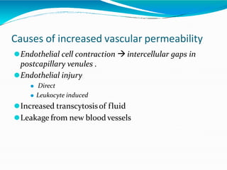 Causes of increased vascular permeability
⚫Endothelial cell contraction  intercellular gaps in
postcapillary venules .
⚫Endothelial injury
⚫ Direct
⚫ Leukocyte induced
⚫Increased transcytosisof fluid
⚫Leakage from new blood vessels
 