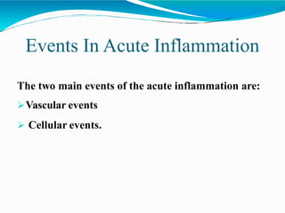 Events In Acute Inflammation
The two main events of the acute inflammation are:
Vascular events
 Cellular events.
 