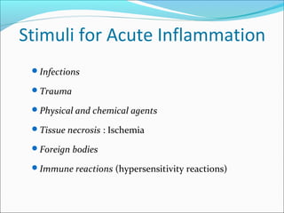 Stimuli for Acute Inflammation
Infections
Trauma
Physical and chemical agents
Tissue necrosis : Ischemia
Foreign bodi...