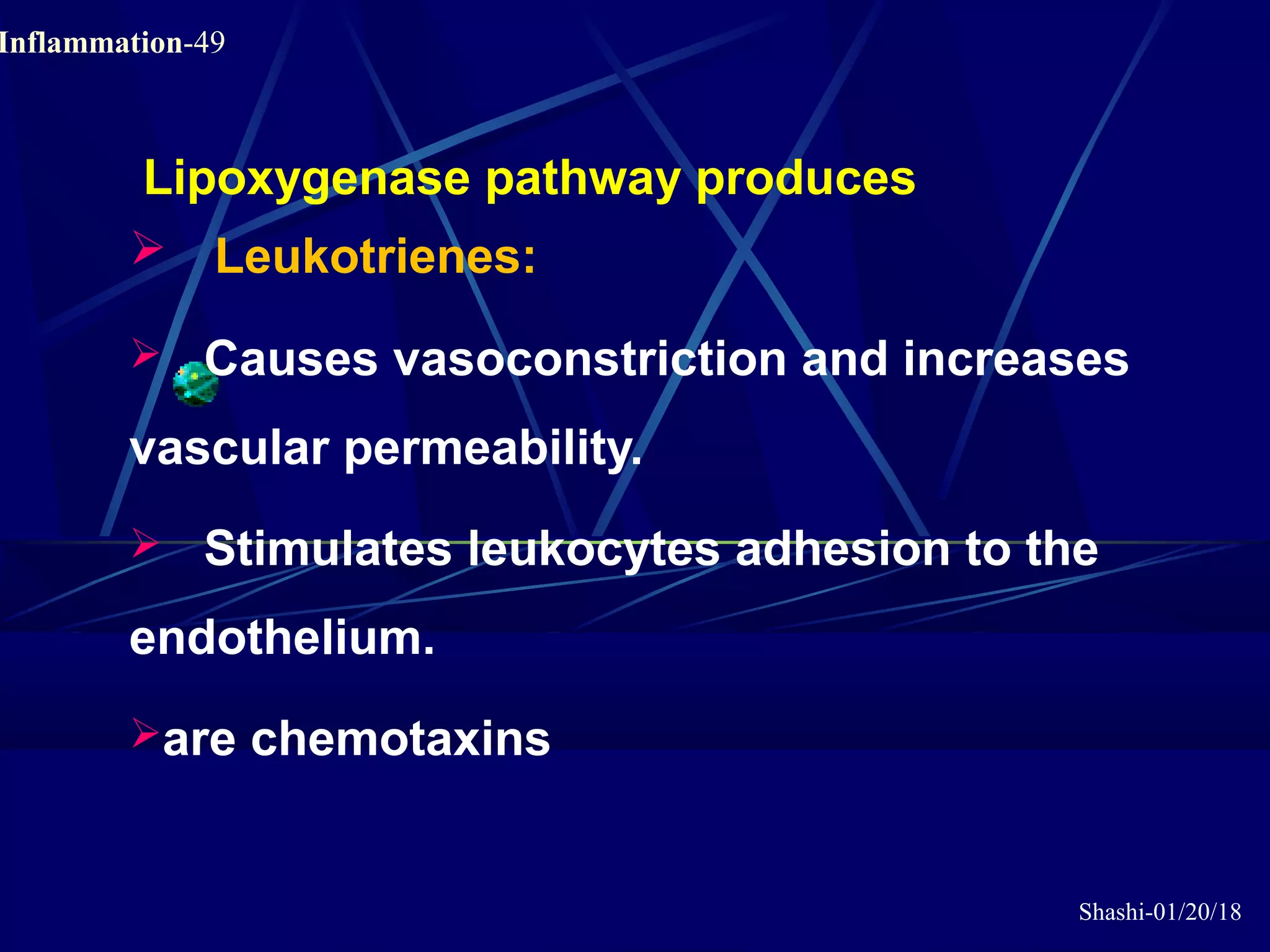Shashi-01/20/18
Inflammation-49
Lipoxygenase pathway produces
 Leukotrienes:
 Causes vasoconstriction and increases
vascular permeability.
 Stimulates leukocytes adhesion to the
endothelium.
are chemotaxins
 