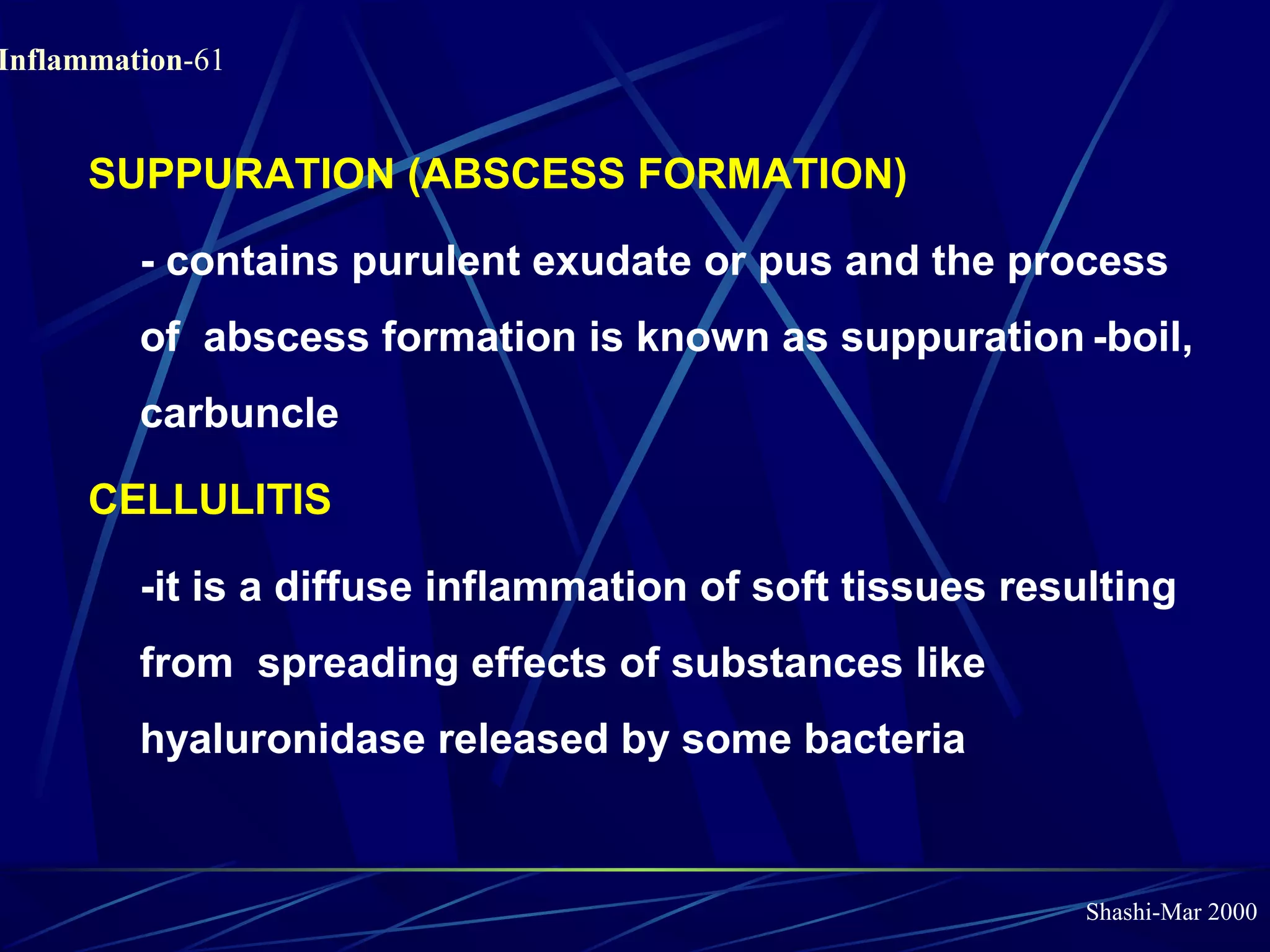 Shashi-Mar 2000
Inflammation-61
SUPPURATION (ABSCESS FORMATION)
- contains purulent exudate or pus and the process
of abscess formation is known as suppuration -boil,
carbuncle
CELLULITIS
-it is a diffuse inflammation of soft tissues resulting
from spreading effects of substances like
hyaluronidase released by some bacteria
 
