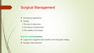 Surgical Management
 Emergency laparotomy
 Assess
1.The site of obstruction
2.The Nature of Obstruction
3.The viability of the bowel
 Large bore orogastric tube insertion and retrograde milking
 Savage’s decompressor
 