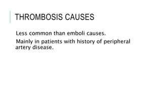 THROMBOSIS CAUSES
Less common than emboli causes.
Mainly in patients with history of peripheral
artery disease.
 