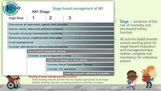 Stage-based management of AKI
Shading of boxes indicate priorities of action
- Solid shading indicate actions that are equally appropriate at all stages
- Graded shading indicates increasing priority as intensity increases
• Stage – predictor of the
risk of mortality and
decreased kidney
function
• All actions listed provide
overall starting point for
stage-based evaluation
and management but
neither complete nor
mandatory for individual
patient
Kidney Disease: Improving Global Outcomes (KDIGO) Acute Kidney Injury Work Group. KDIGO Clinical Practice Guideline for Acute Kidney Injury. Kidney inter., Suppl. 2012; 2: 1–138
16
 