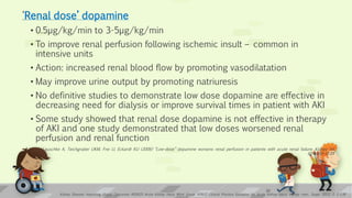 ‘Renal dose’ dopamine
• 0.5µg/kg/min to 3-5µg/kg/min
• To improve renal perfusion following ischemic insult – common in
intensive units
• Action: increased renal blood flow by promoting vasodilatation
• May improve urine output by promoting natriuresis
• No definitive studies to demonstrate low dose dopamine are effective in
decreasing need for dialysis or improve survival times in patient with AKI
• Some study showed that renal dose dopamine is not effective in therapy
of AKI and one study demonstrated that low doses worsened renal
perfusion and renal function
Lauschke A, Teichgraber UKM, Frei U, Eckardt KU (2006) “Low-dose” dopamine worsens renal perfusion in patients with acute renal failure. Kidney Int
69:1669–1674
Kidney Disease: Improving Global Outcomes (KDIGO) Acute Kidney Injury Work Group. KDIGO Clinical Practice Guideline for Acute Kidney Injury. Kidney inter., Suppl. 2012; 2: 1–138
22
 