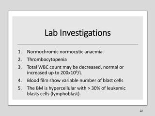 Lab Investigations
1. Normochromic normocytic anaemia
2. Thrombocytopenia
3. Total WBC count may be decreased, normal or
i...