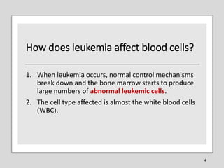 How does leukemia affect blood cells?
1. When leukemia occurs, normal control mechanisms
break down and the bone marrow st...