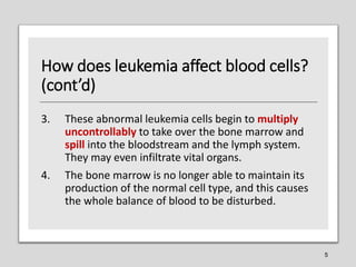 How does leukemia affect blood cells?
(cont’d)
3. These abnormal leukemia cells begin to multiply
uncontrollably to take o...